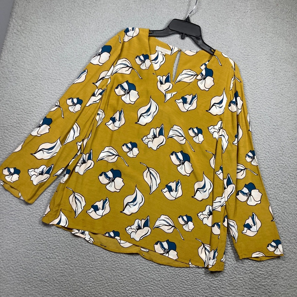 Hobbs London Blouse Women 12 Mustard Yellow Floral Leaf Print V-Neck Long Sleeve